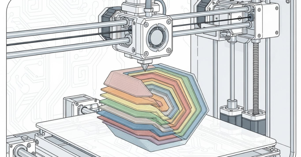 Illustration showing a 3D printer building an object layer by layer, visualizing the additive manufacturing process in modern production