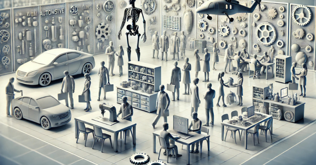 Large-scale 3D printing manufacturing ecosystem showing industrial printers, engineers, automotive components, medical models, aerospace parts, and collaborative workspaces demonstrating how additive manufacturing is transforming modern production.