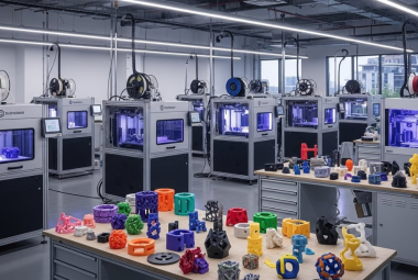 Industrial 3D printing facility with multiple printers producing colorful functional parts, demonstrating large-scale additive manufacturing in modern production
