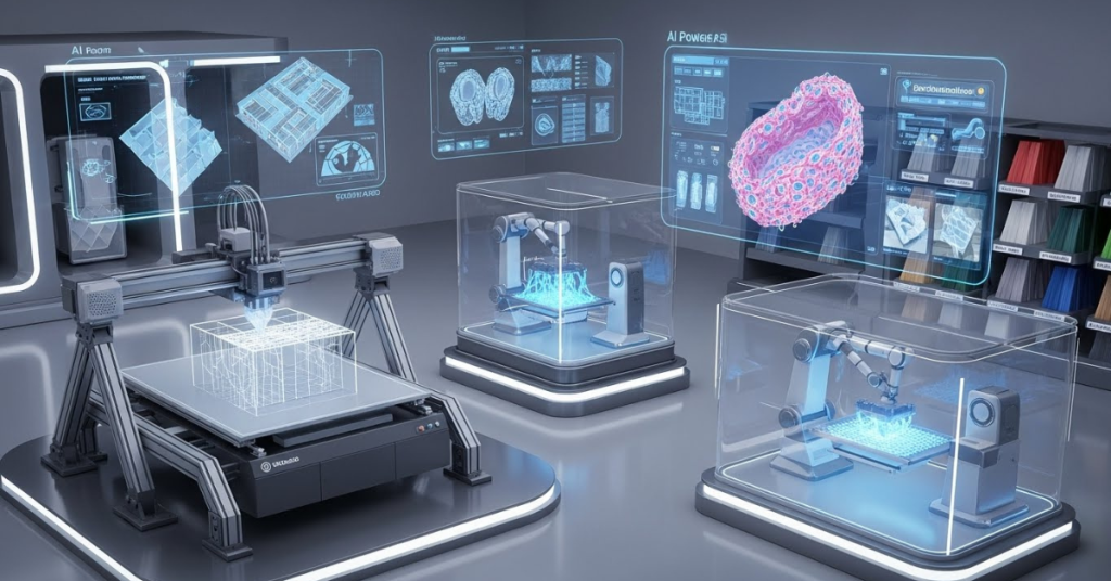 Futuristic AI-driven 3D printing lab featuring automated printers, robotic arms, and digital design interfaces, illustrating the future of intelligent additive manufacturing.