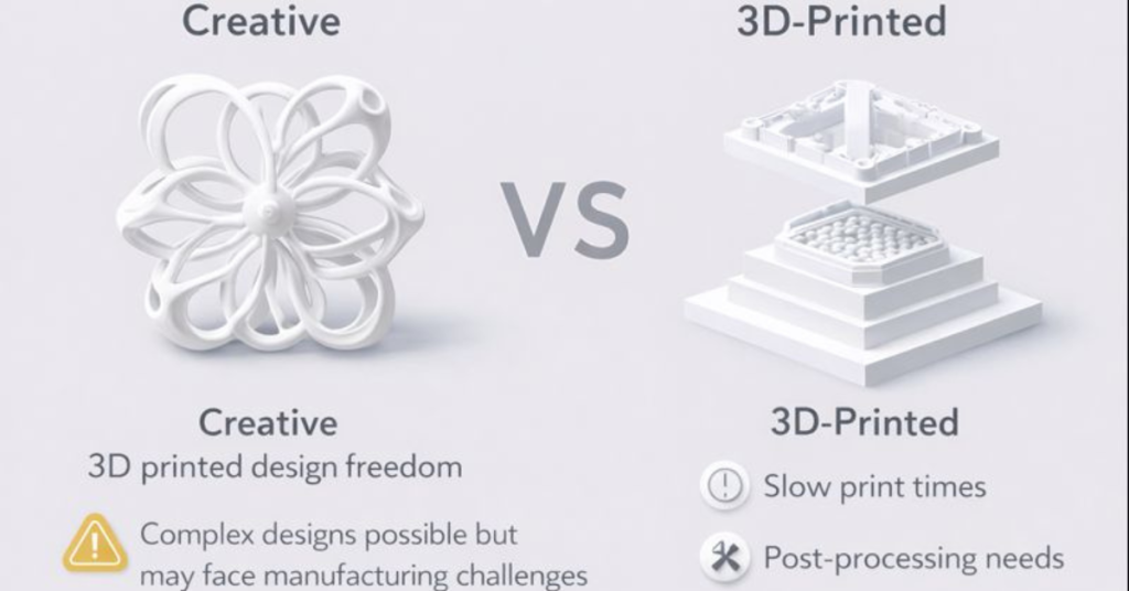Conceptual comparison showing creative 3D printed design freedom contrasted with production limitations such as print time and post-processing