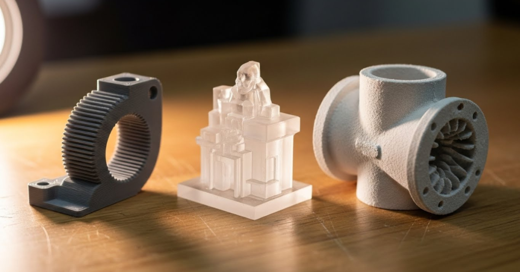 Examples of 3D printed parts produced using FDM, SLA, and SLS technologies, showing differences in surface finish, detail, and material properties