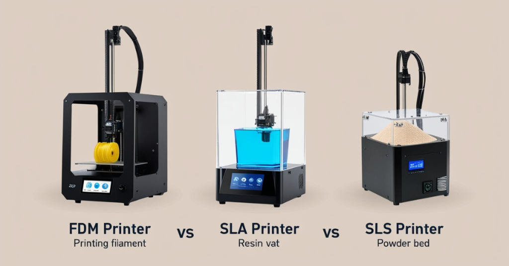 Comparison of FDM, SLA, and SLS 3D printers showing filament, resin, and powder-based additive manufacturing technologies