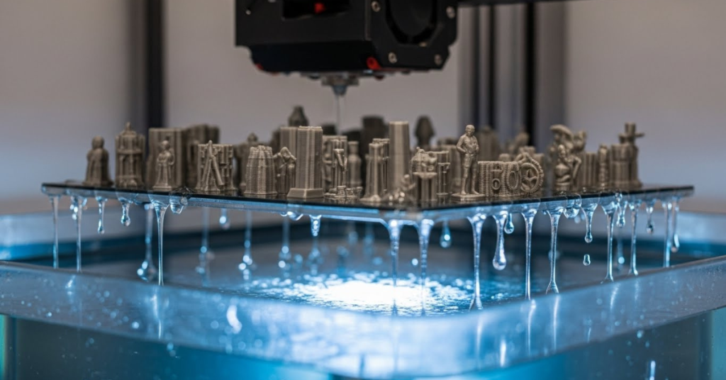 Resin 3D printer lifting a build plate covered with detailed miniatures as excess liquid resin drips back into the vat