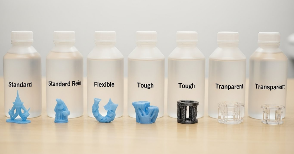 Comparison of resin 3D printing materials including standard, flexible, tough, and transparent resins with example printed parts