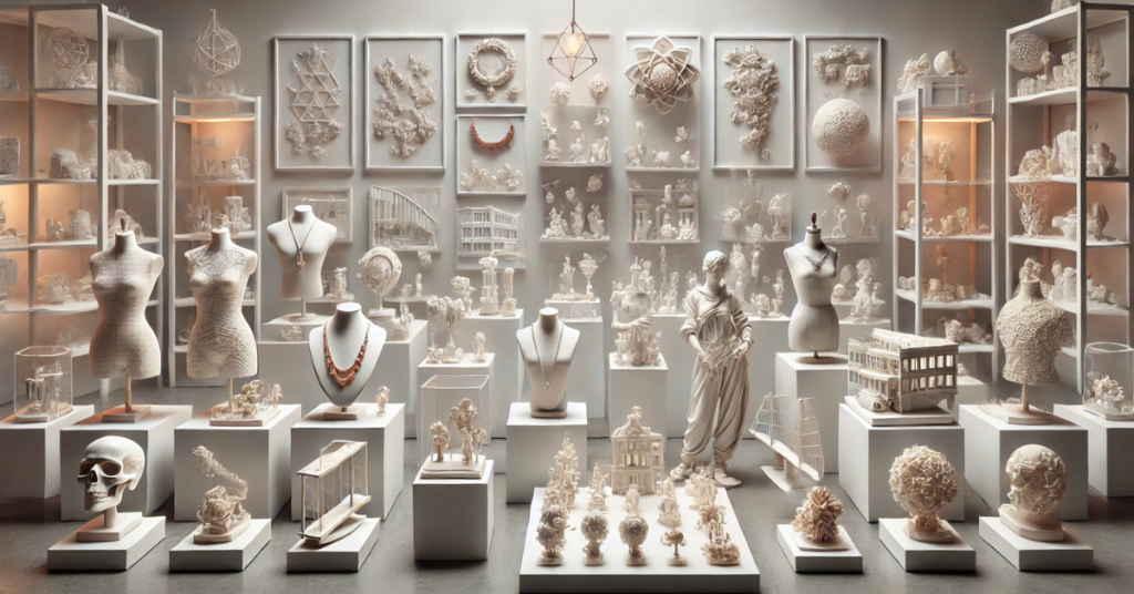 Gallery-style display of highly detailed resin 3D printed sculptures, jewelry, architectural models, and artistic forms showcasing creative possibilities
