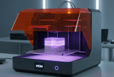 Modern resin 3D printer producing a highly detailed model under UV light inside an enclosed printing chamber