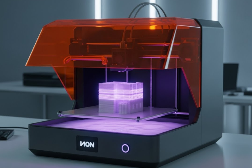 Modern resin 3D printer producing a highly detailed model under UV light inside an enclosed printing chamber