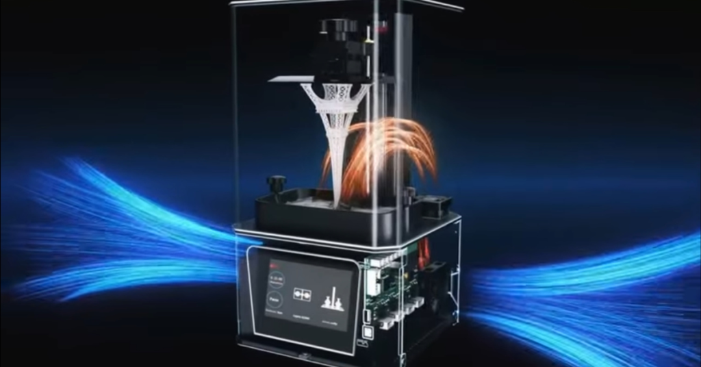 Resin 3D printer illustrating precision printing technology with UV curing process and transparent enclosure