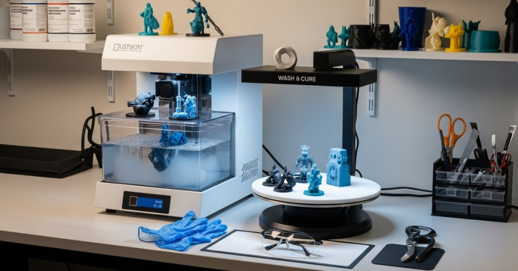 Resin 3D printing workspace showing a wash and cure station, safety gloves, tools, and freshly printed resin models during post-processing