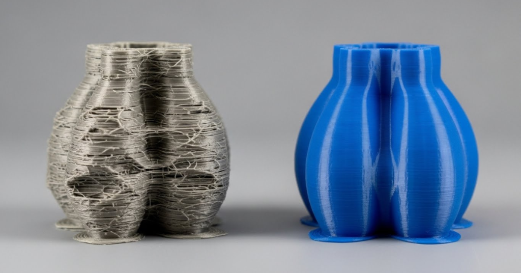 Comparison of a failed 3D print caused by poor filament performance next to a smooth, successful print