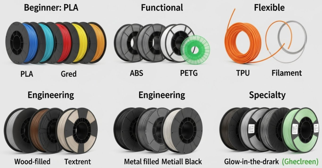 3D printer filament types organized by category including PLA, ABS, PETG, TPU, engineering, and specialty filaments