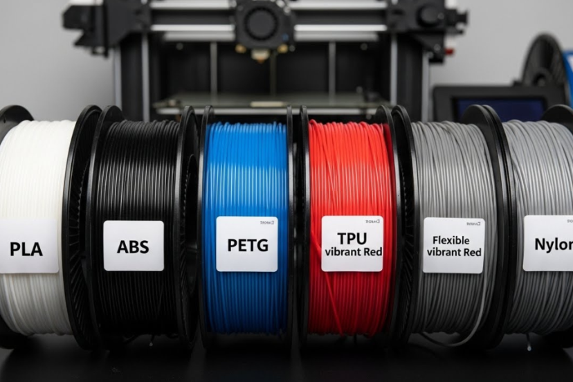 Common 3D printer filament types including PLA, ABS, PETG, TPU, and Nylon displayed on spools