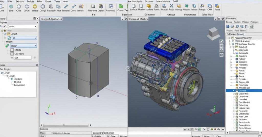 Advanced CAD software interface showing parametric modeling on one side and a detailed mechanical assembly on the other, illustrating professional 3D design workflows, feature trees, and complex engineering components.