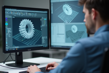 Designer using CAD software to create a detailed 3D model on dual monitors, illustrating professional 3D modeling workflows and digital product design.