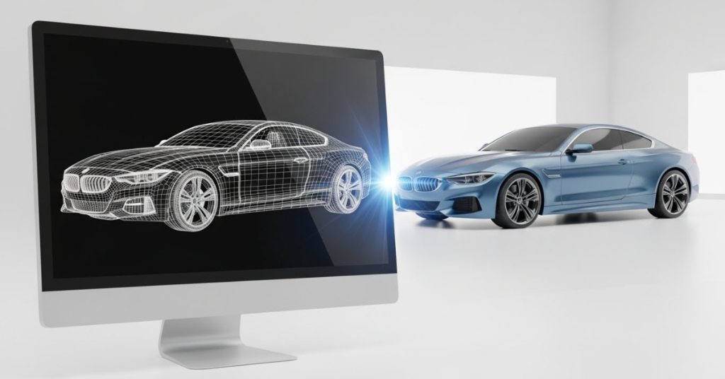 CAD software visualization showing a wireframe car model transforming into a finished vehicle, illustrating the transition from digital design to real-world manufacturing.
