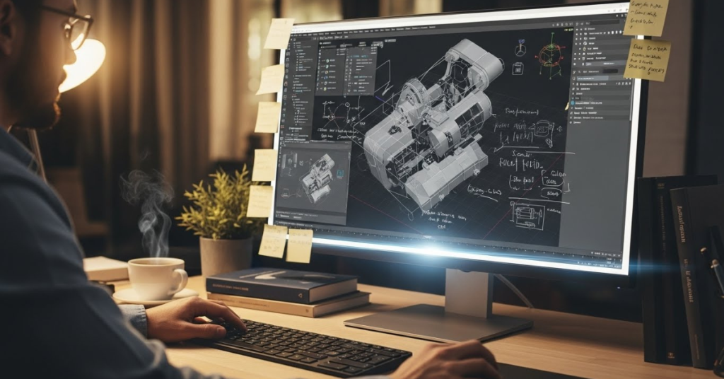 A professional designer working at a modern desk using CAD software to create a detailed mechanical 3D model, with sketches, annotations, and parametric design tools visible on screen, representing a structured and realistic 3D modeling workflow.