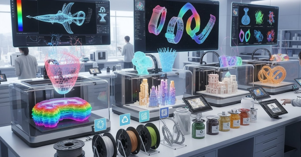 A futuristic concept scene showing next-generation multicolor 3D printing: advanced printers, AI-assisted design visuals, sustainable materials, and highly complex multicolor objects. Clean, forward-looking aesthetic.