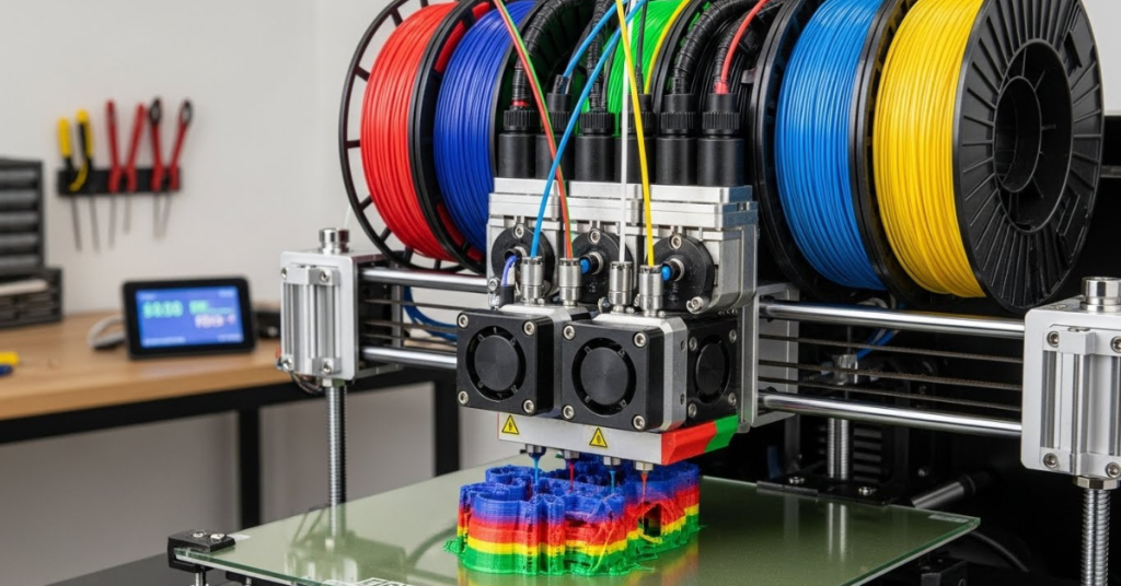 Multi-extruder 3D printer using multiple filament spools to produce a multicolor print, demonstrating advanced multi-material and color-switching capabilities.