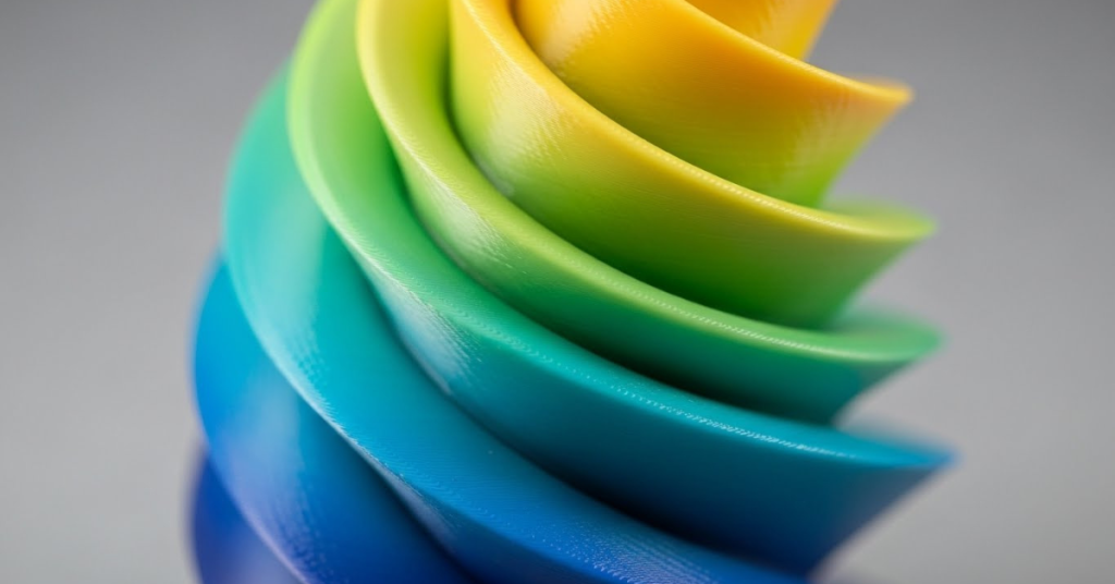 Close-up of a multicolor 3D print featuring smooth color gradients and layered transitions, showcasing advanced color blending and surface quality in multicolor 3D printing.
