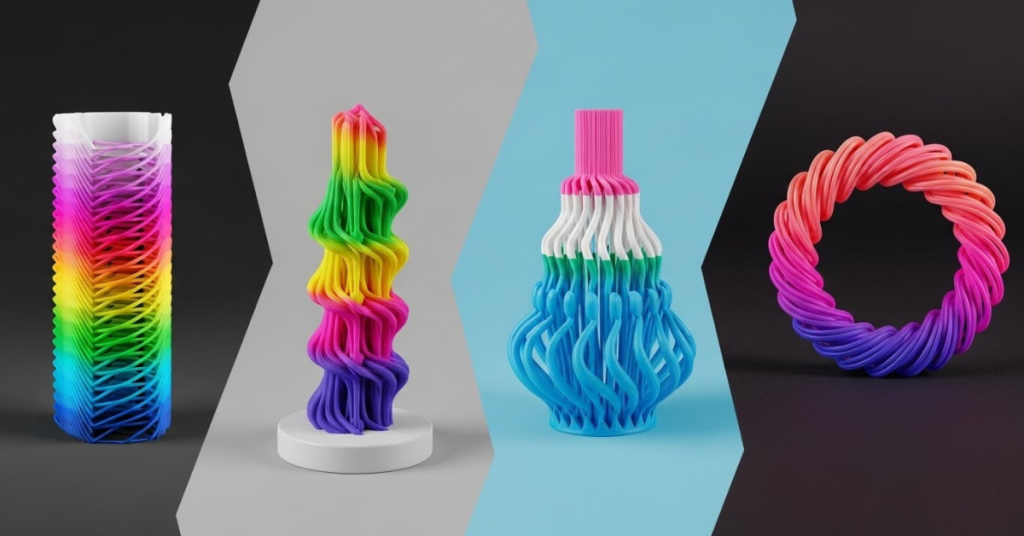 A collection of multicolor 3D-printed objects featuring smooth color transitions, complex geometries, and decorative designs, demonstrating the creative flexibility of multicolor and multi-material 3D printing.