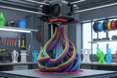 A multicolor 3D printer creating a complex, twisted object using multiple filament colors, demonstrating advanced multicolor and multi-material 3D printing technology.