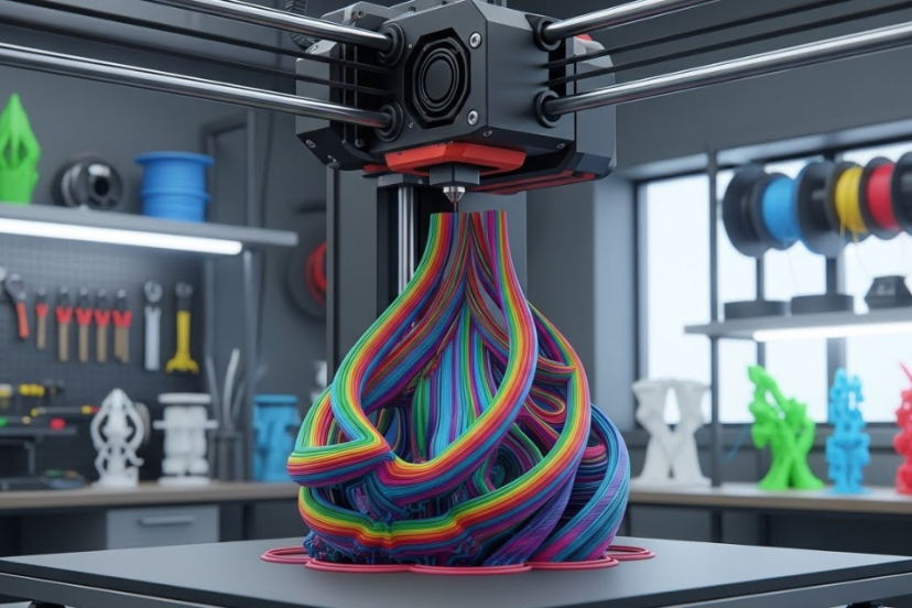 A multicolor 3D printer creating a complex, twisted object using multiple filament colors, demonstrating advanced multicolor and multi-material 3D printing technology.