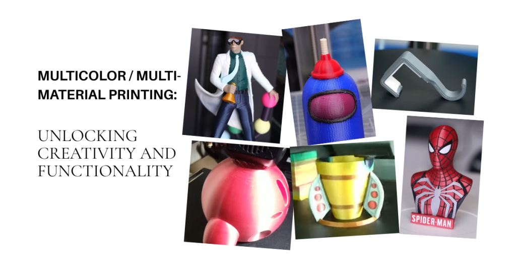 A collage of multicolor and multi-material 3D printed objects, including functional parts and creative figures, demonstrating how advanced 3D printing techniques combine color and materials to unlock both creativity and real-world functionality.