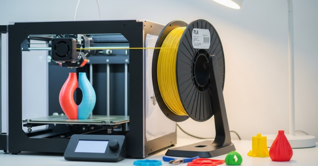 PLA filament feeding into a desktop 3D printer while printing a colorful beginner-friendly model