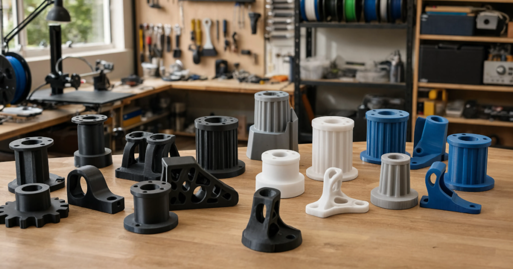 Collection of 3D printed components in different materials and colors showing consistent final print quality