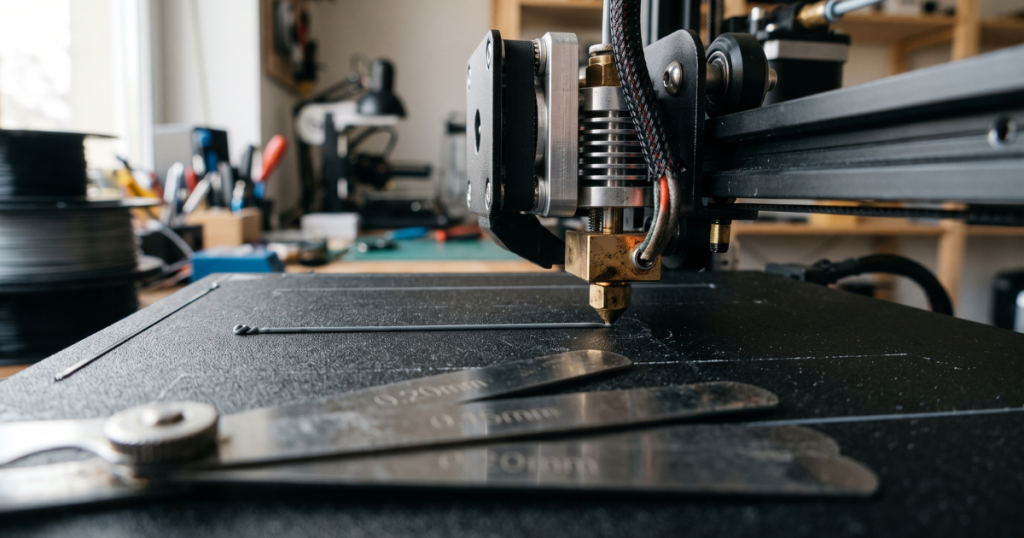 Close-up of a 3D printer nozzle laying down the first layer with thickness gauges placed nearby for calibration