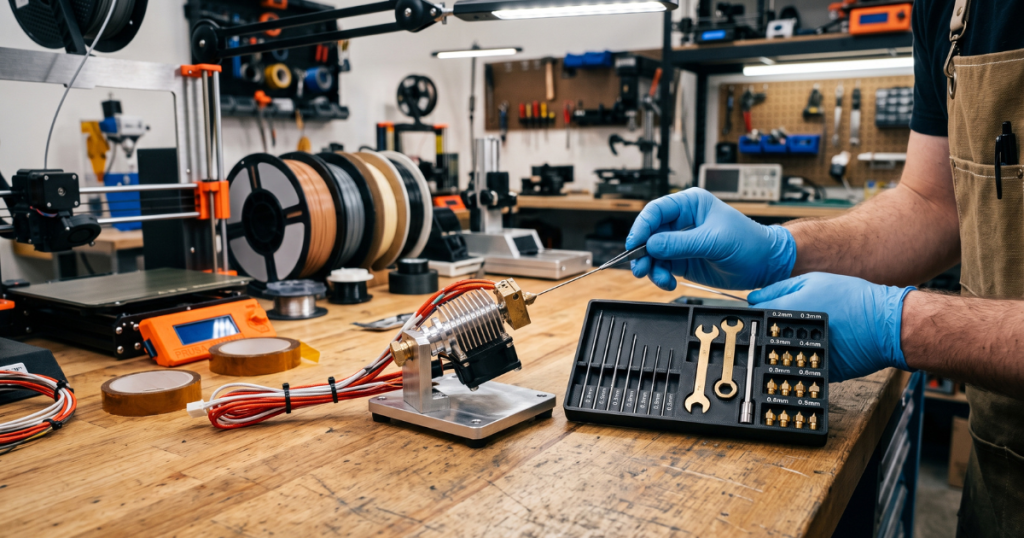Person using tools to clean and maintain a 3D printer nozzle with a kit of cleaning needles and wrenches