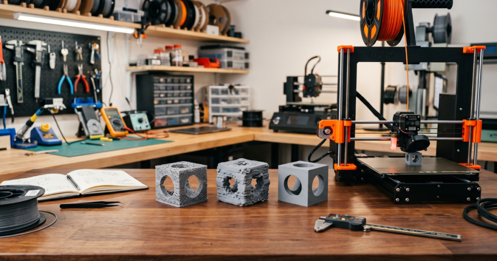 Assorted 3D printed parts on a table showing differences in quality, including rough and smooth finishes