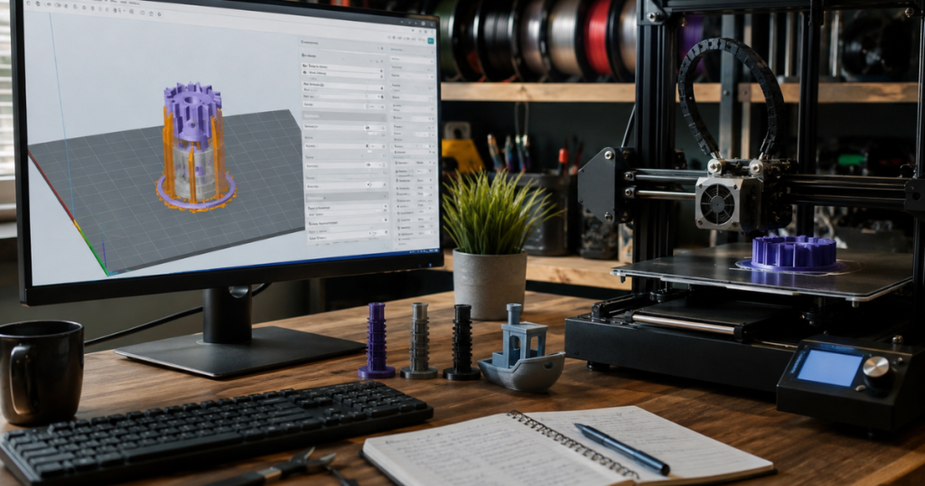 3D printer creating a gear model while slicer settings are visible on a computer screen for adjustment
