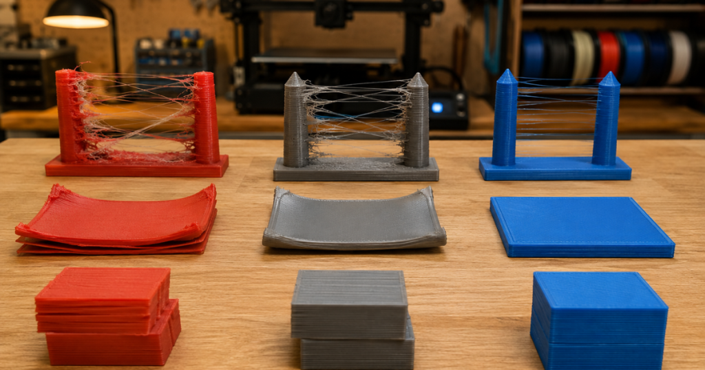 Comparison of 3D prints showing stringing between towers and warped flat surfaces in different filament colors