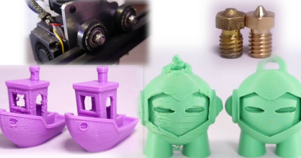 Organized 3D printing workspace with tools, printed parts, and printer setup used for troubleshooting print quality