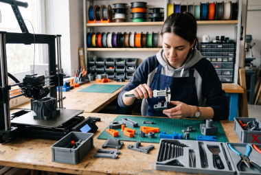 Person measuring a 3D printed part with calipers at a workbench next to a 3D printer and organized tools