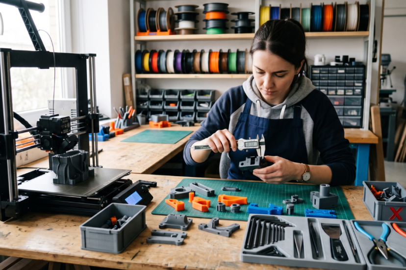 Person measuring a 3D printed part with calipers at a workbench next to a 3D printer and organized tools