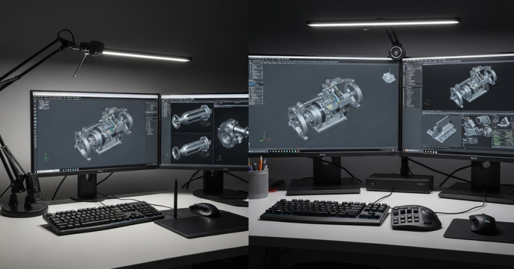 Professional CAD workstation with a multi-monitor setup displaying detailed mechanical assemblies and component views, illustrating an efficient 3D modeling workflow used by engineers and advanced CAD designers.