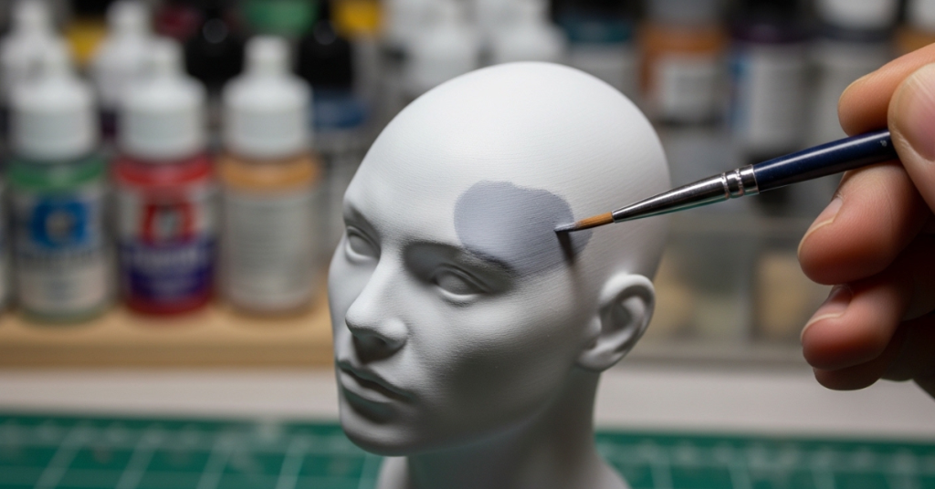 Close-up of a primed 3D printed head model being carefully painted with a fine brush, with paint bottles blurred in the background.