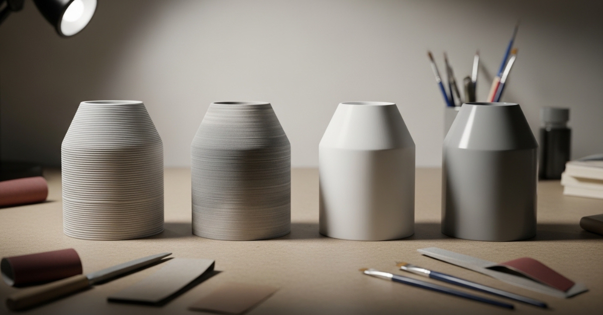 Four 3D printed parts displayed in progressive post-processing stages, showing raw layer lines, sanding, priming, and smooth finished surfaces on a workbench.