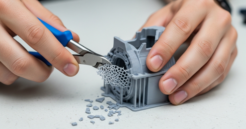 Close-up of hands using flush cutters to remove support material from a detailed 3D printed part, with small plastic fragments scattered on the work surface.