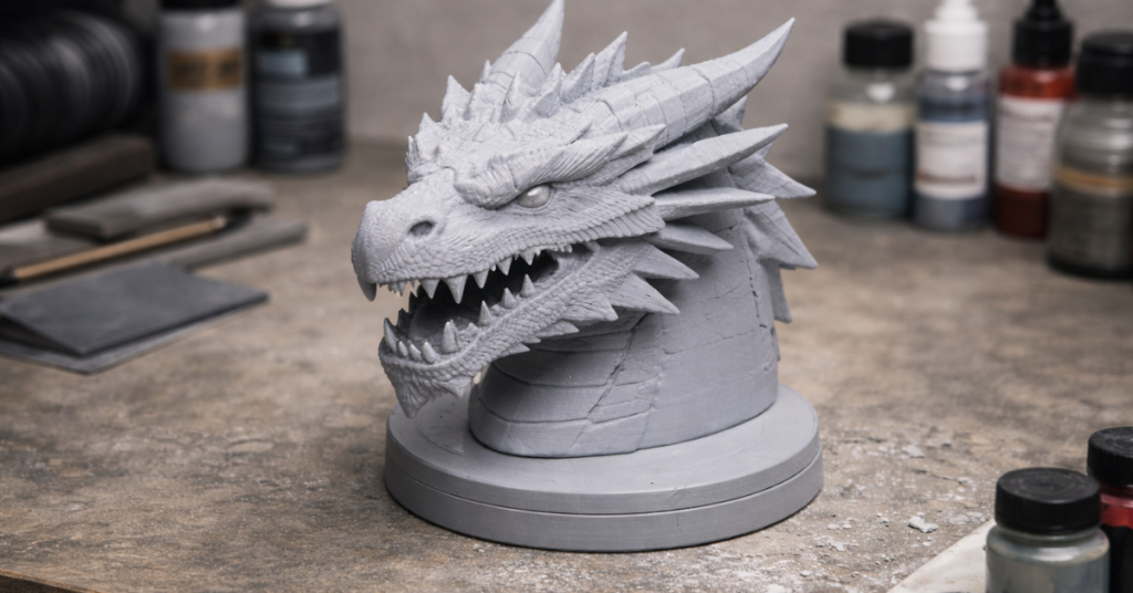 Detailed 3D printed dragon head model placed on a workbench, prepared for post-processing and painting, with sanding tools and paint bottles in the background.