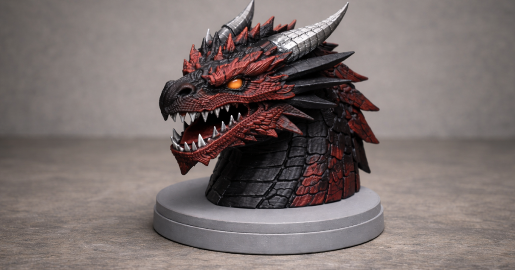 Fully finished and painted 3D printed dragon head model with detailed textures and realistic color highlights displayed on a stand.