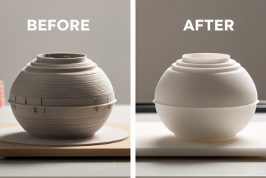 Before and after comparison of a 3D printed object showing visible layer lines before post-processing and a smooth, refined surface after finishing techniques.
