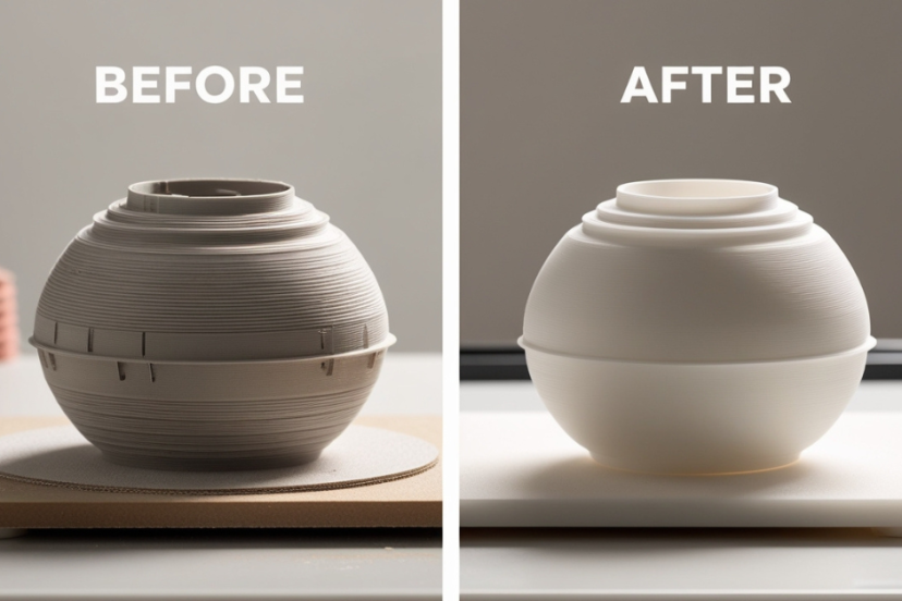 Before and after comparison of a 3D printed object showing visible layer lines before post-processing and a smooth, refined surface after finishing techniques.