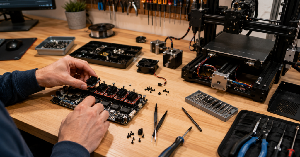 Maker installs stepper motor drivers on a 3D printer control board beside repair tools.
