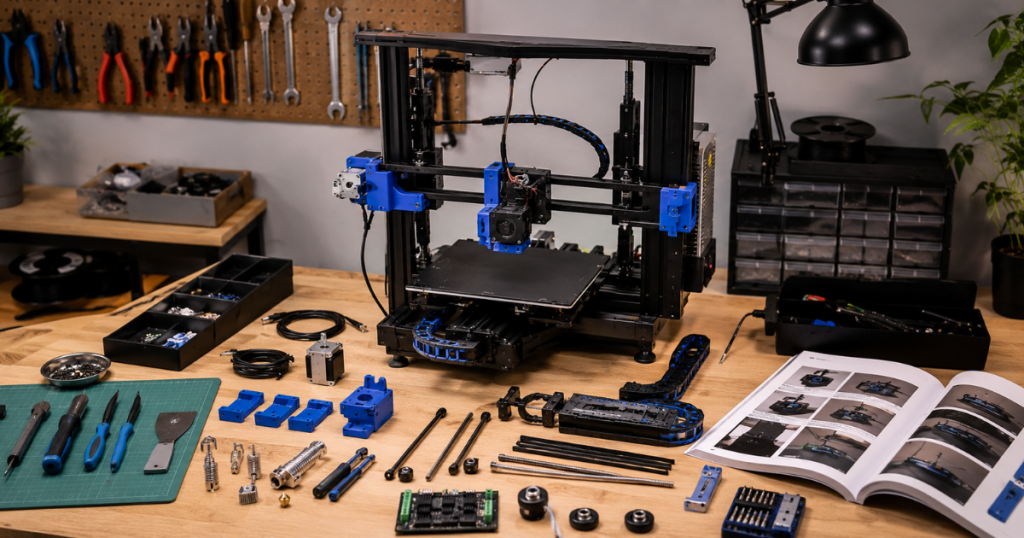 Modified 3D printer sits among replacement parts, tools, electronics, and an open assembly guide.