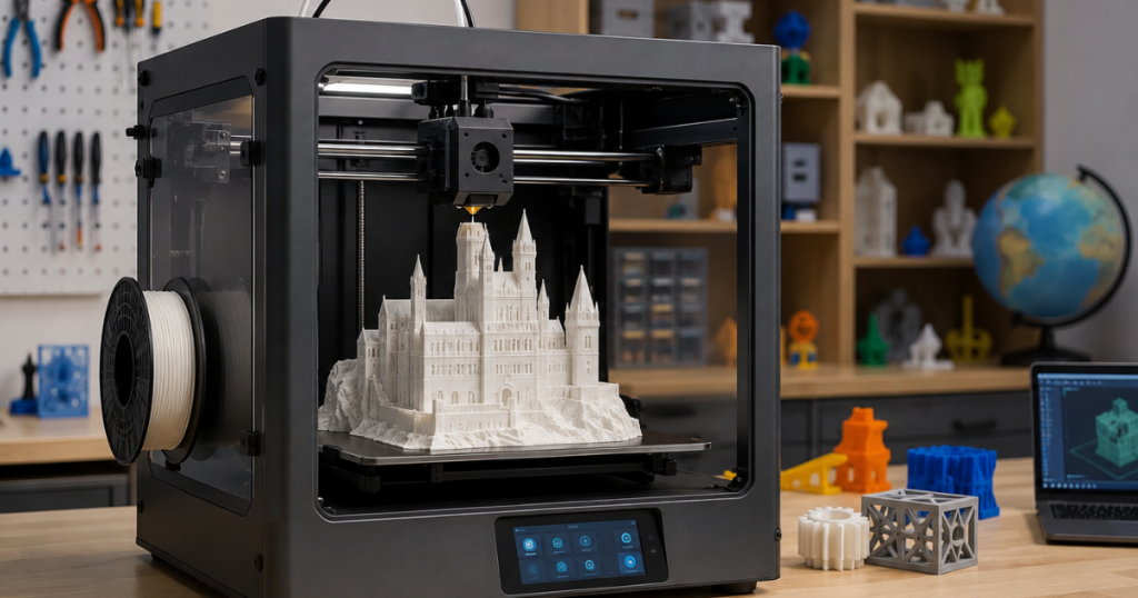 Enclosed 3D printer produces a detailed white castle model from filament.
