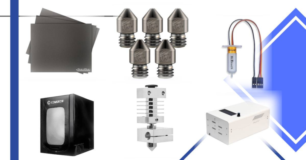 Collection of essential 3D printer upgrades includes build plates, nozzles, sensor, hotend, enclosure, and filtration unit.